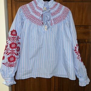 Embroidered Light Blue Tunic Blouse with Red Detail